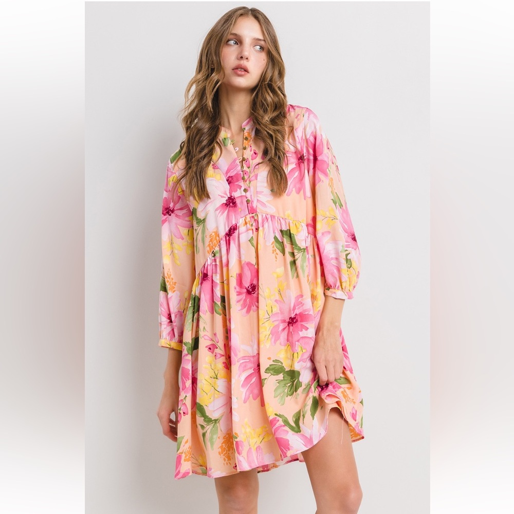 Peach Floral Mini Dress with Pink Blossoms - Picture 3 of 5